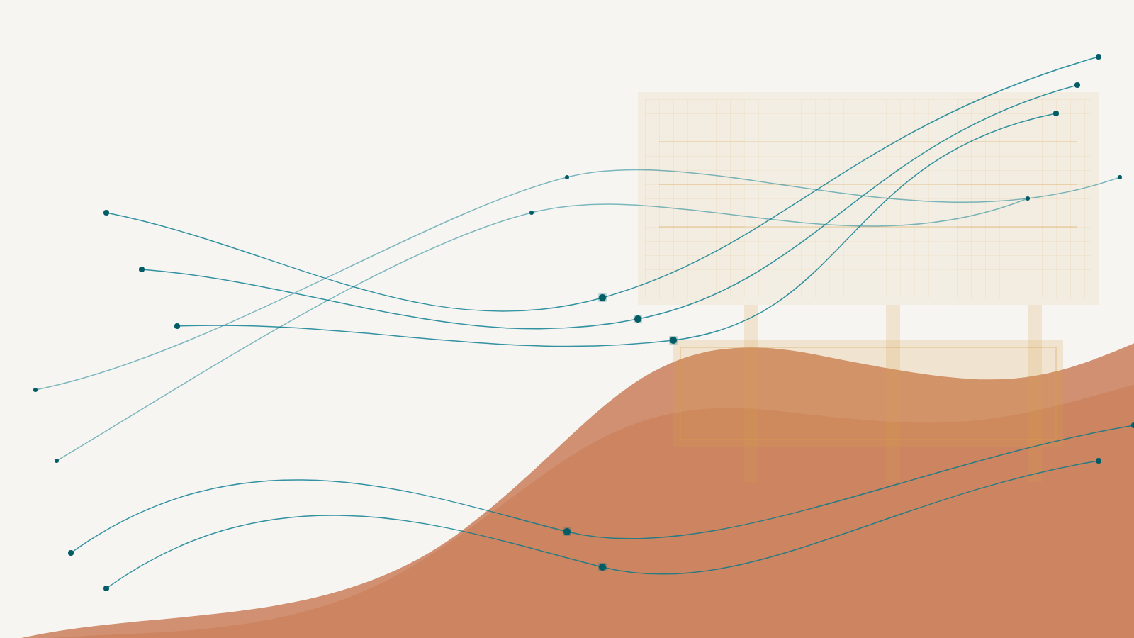 Abstract illustration with layered organic terracotta shapes, structured ochre grids, and a luminous teal network of lines and dots flowing across a cream background.